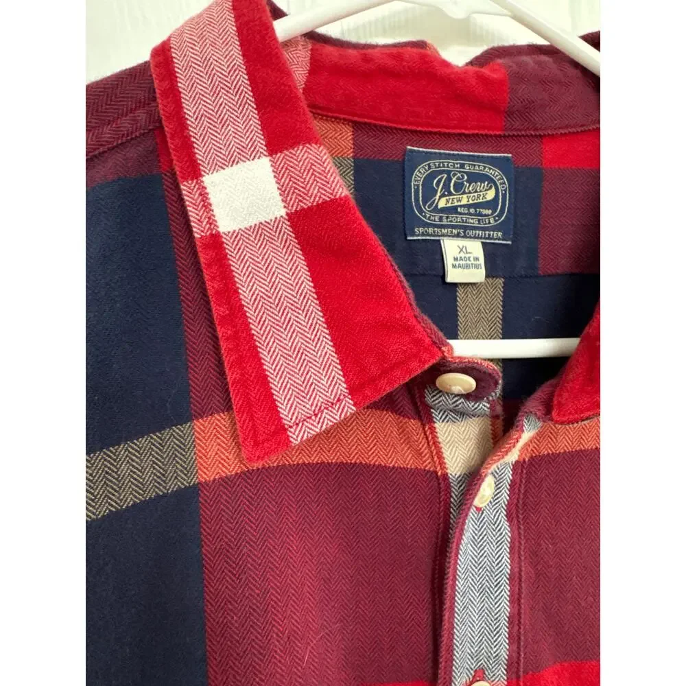 J.CREW New York Mens Red Flannel Plaid Shirt Long Sleeve Half Button XL